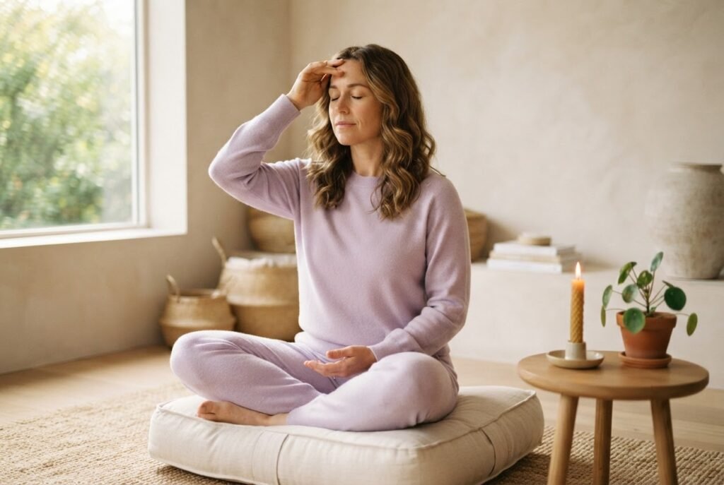 Mulher meditando em almofada representando sono e progesterona na perimenopausa