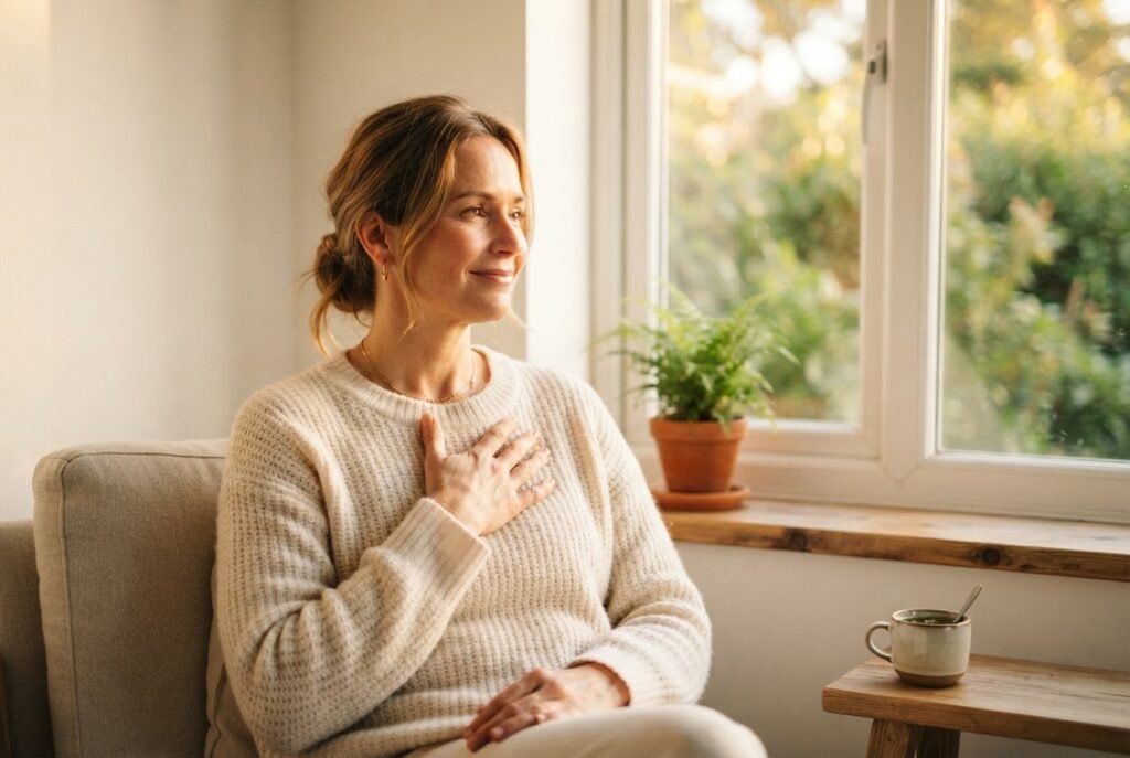 Mulher com a mão sobre o coração representando saúde cardiovascular e estrogênio
