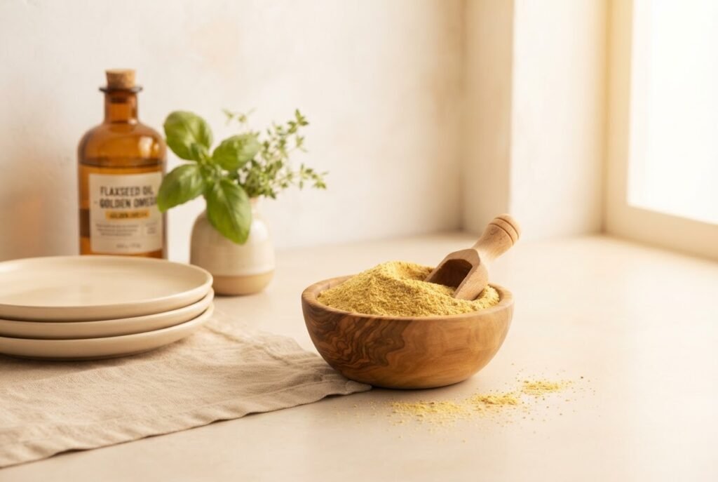 Tigela com sementes de linhaça moída representando o aliado natural da modulação hormonal e saúde cardiovascular feminina
