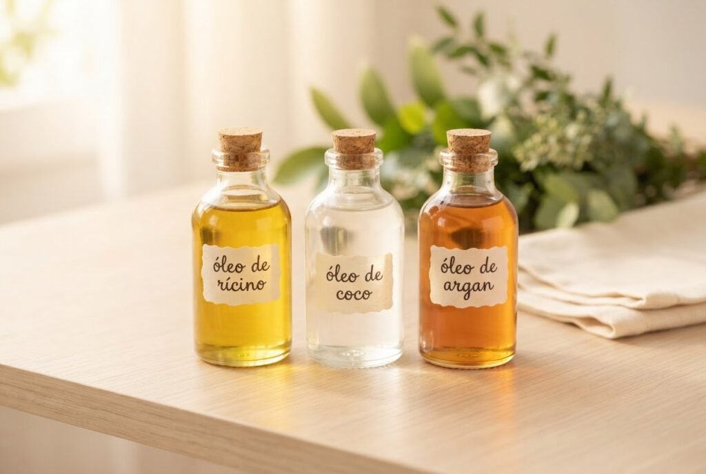 Frascos de óleo de rícino, óleo de coco e óleo de argan sobre mesa de madeira representando cuidados naturais para cabelos longos e saudáveis