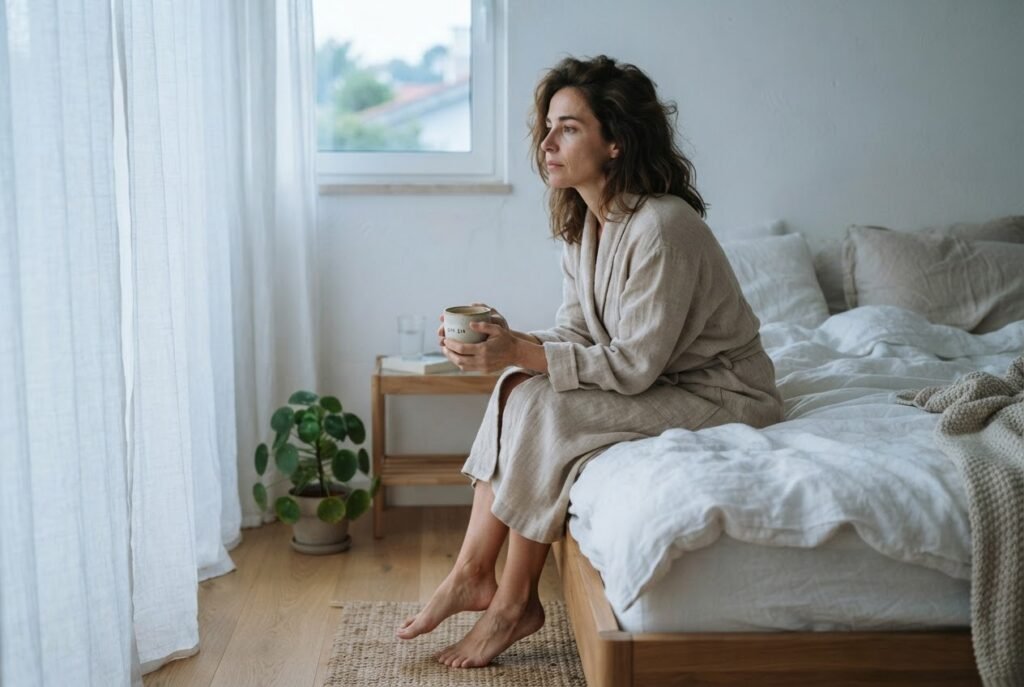 Mulher sentada na cama pela manhã segurando café, representando fadiga e busca por energia