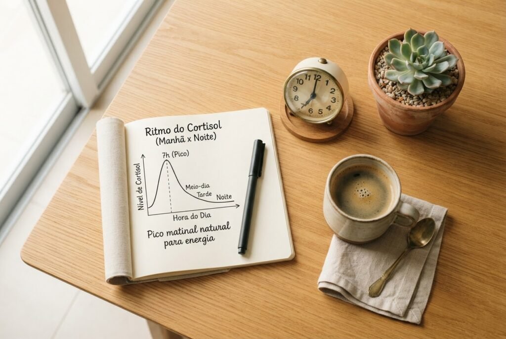 Mesa com café, despertador e gráfico de cortisol representando o ritmo circadiano