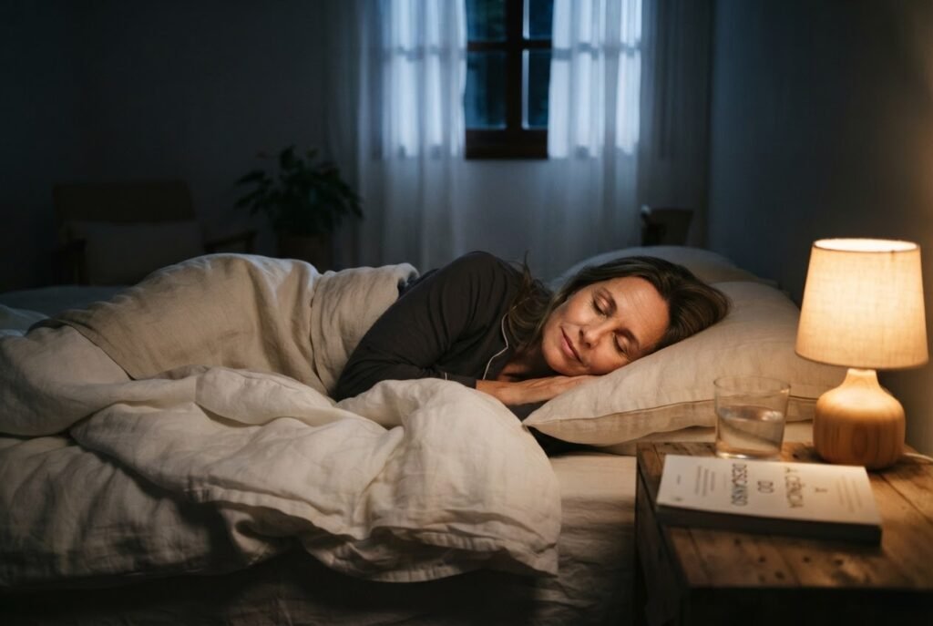 Mulher dormindo em quarto aconchegante representando sono restaurador e equilíbrio do cortisol