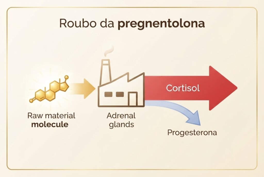 Ilustração do roubo da pregnenolona mostrando o corpo priorizando o cortisol sobre a progesterona