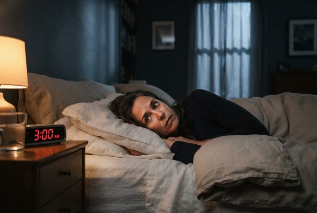 Mulher acordada na cama às 3h da manhã representando insônia e pico de cortisol noturno
