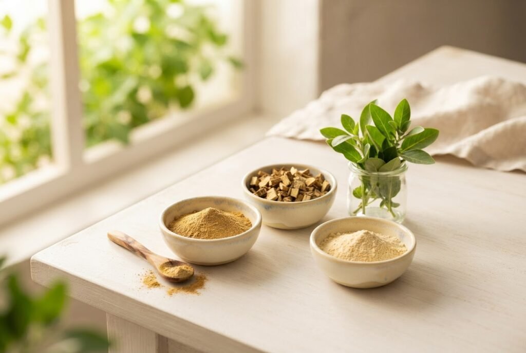 Adaptógenos naturais ashwagandha, rhodiola e maca representando alívio do estresse