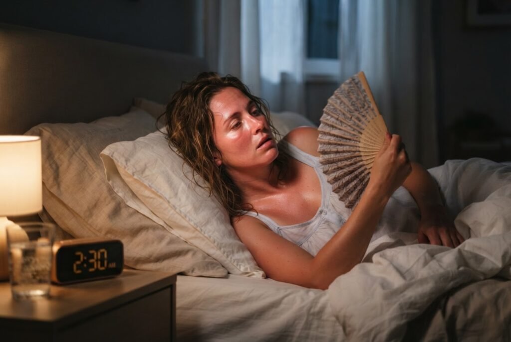 Mulher acordada à noite com leque representando fogachos e suores noturnos da menopausa precoce