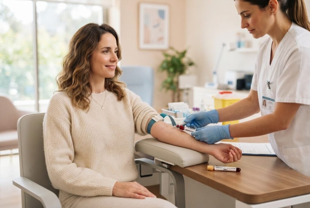 Mulher fazendo exame de sangue para avaliar a reserva ovariana representando diagnóstico da menopausa precoce