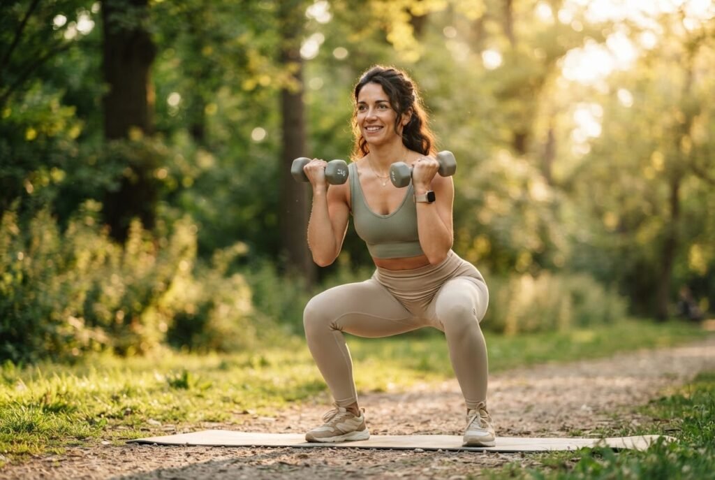 Mulher fazendo treino de força ao ar livre representando proteção da saúde óssea