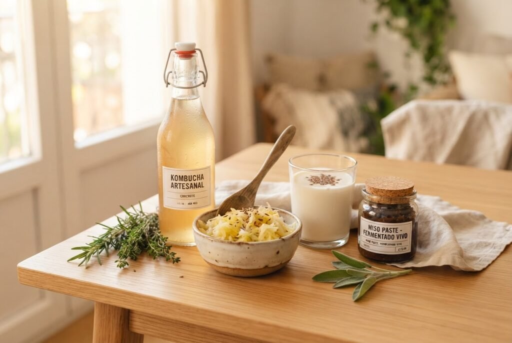 Alimentos fermentados representando saúde intestinal e equilíbrio do estroboloma