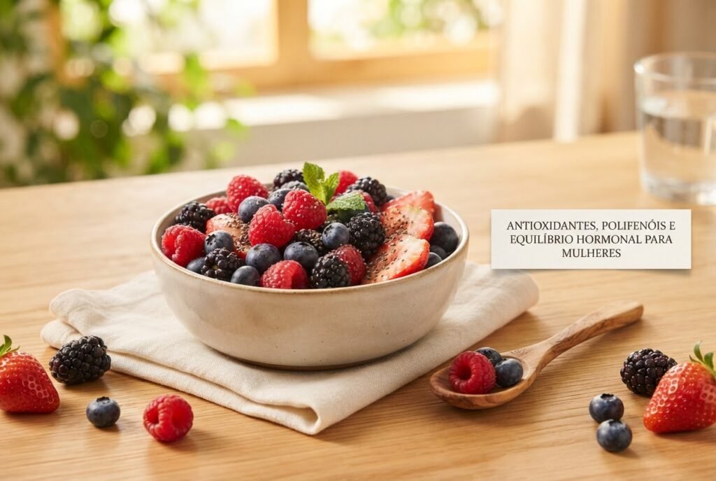 Frutas vermelhas representando antioxidantes e polifenóis para saúde hormonal