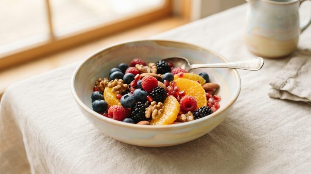 Tigela colorida com frutas ricas em antioxidantes e castanhas — alimentos que cuidam da pele de dentro para fora.