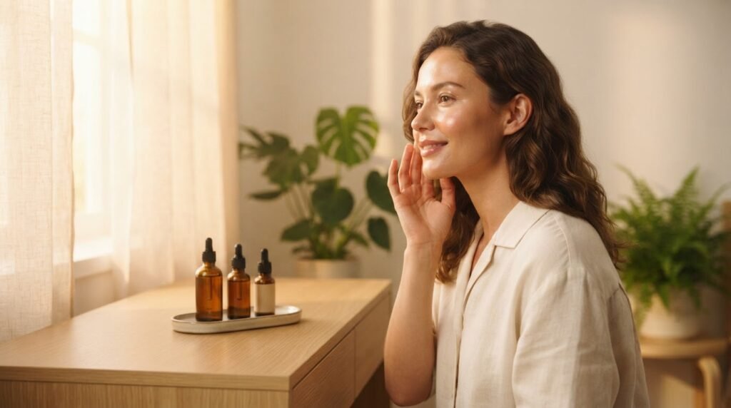 Mulher com pele natural saudável ao lado de nécessaire minimalista com poucos produtos — beleza minimalista e autocuidado real