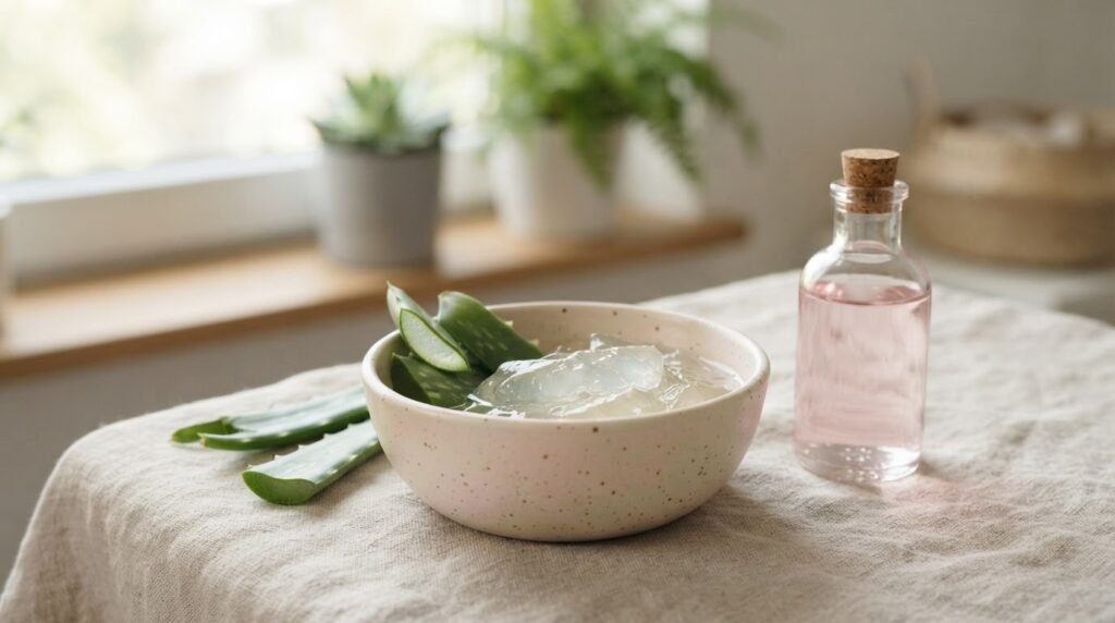 Gel natural de aloe vera em tigela de cerâmica com água de rosas — ingredientes naturais que hidratam e acalmam a pele sensível