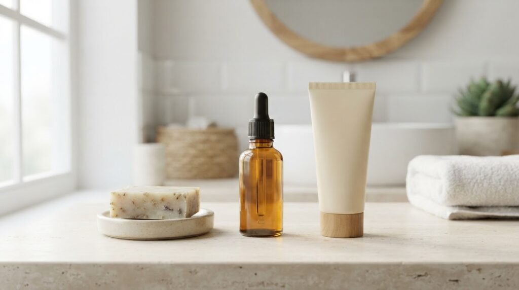 Rotina de skincare minimalista com três produtos: limpeza suave, hidratação e proteção solar diária